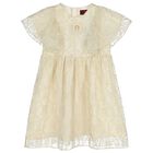 Girls Ivory & Gold Logo Embroidered Dress, 1, hi-res