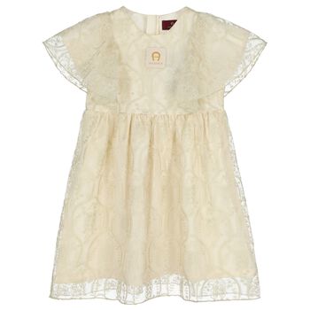 Girls Ivory & Gold Logo Embroidered Dress