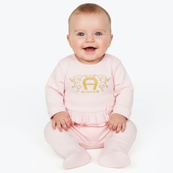 Baby Girls Pink & Gold Logo Babygrow