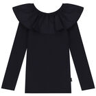 Girls Black Ruffle Long Sleeve Top, 2, hi-res