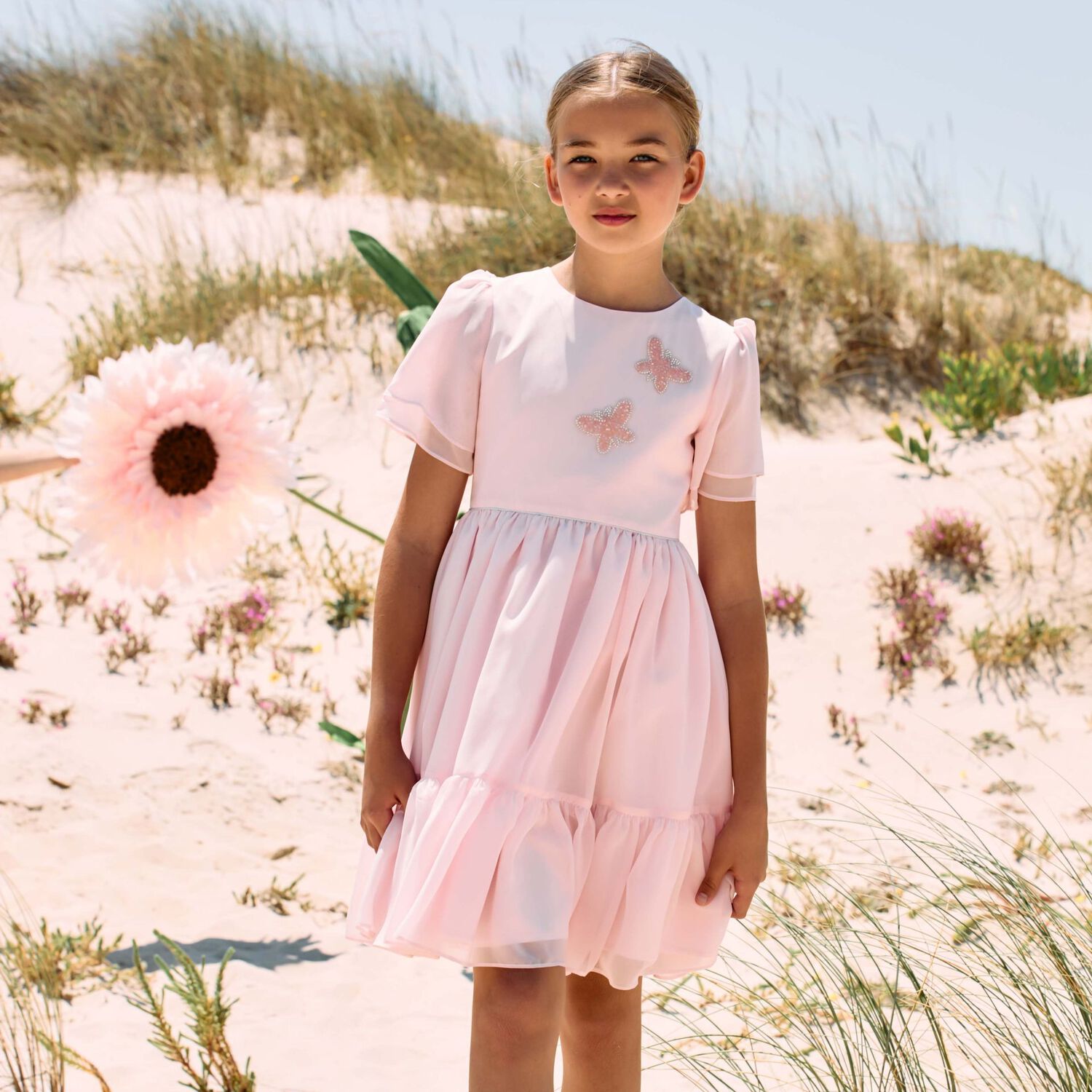 Girls Pink Embellished Chiffon Dress, 1, hi-res image number null