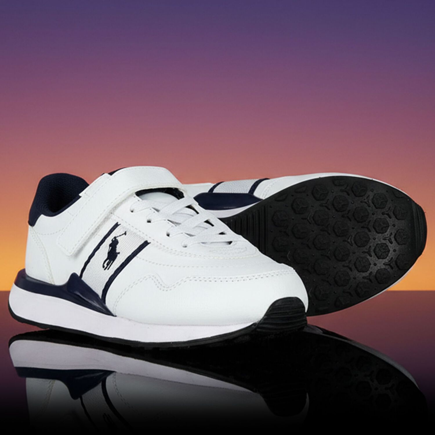 Boys White & Navy Blue Logo Trainers, 1, hi-res