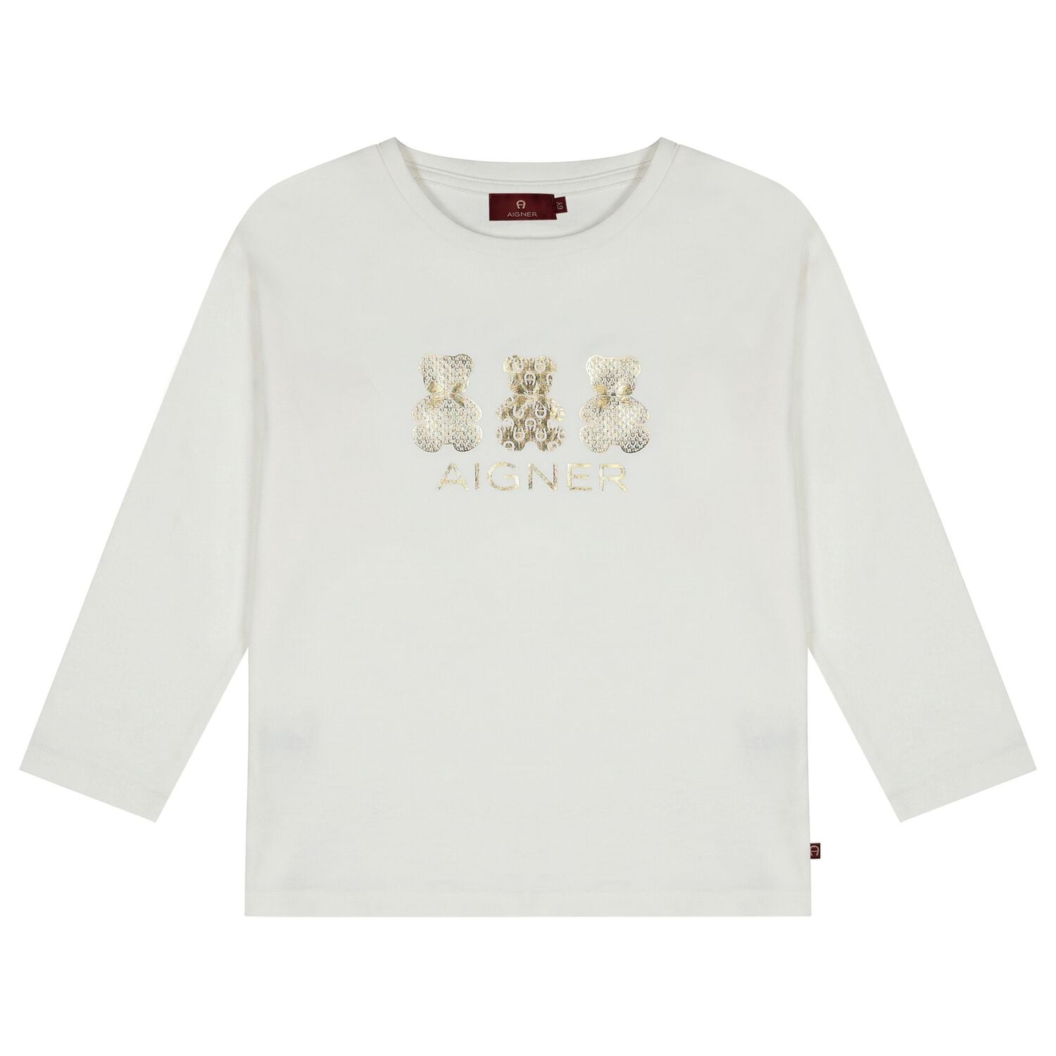 Girls Ivory & Gold Teddy Bear Logo Long Sleeve Top, 1, hi-res