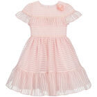 Girls Pink & Ivory Organza Stripe Dress, 1, hi-res