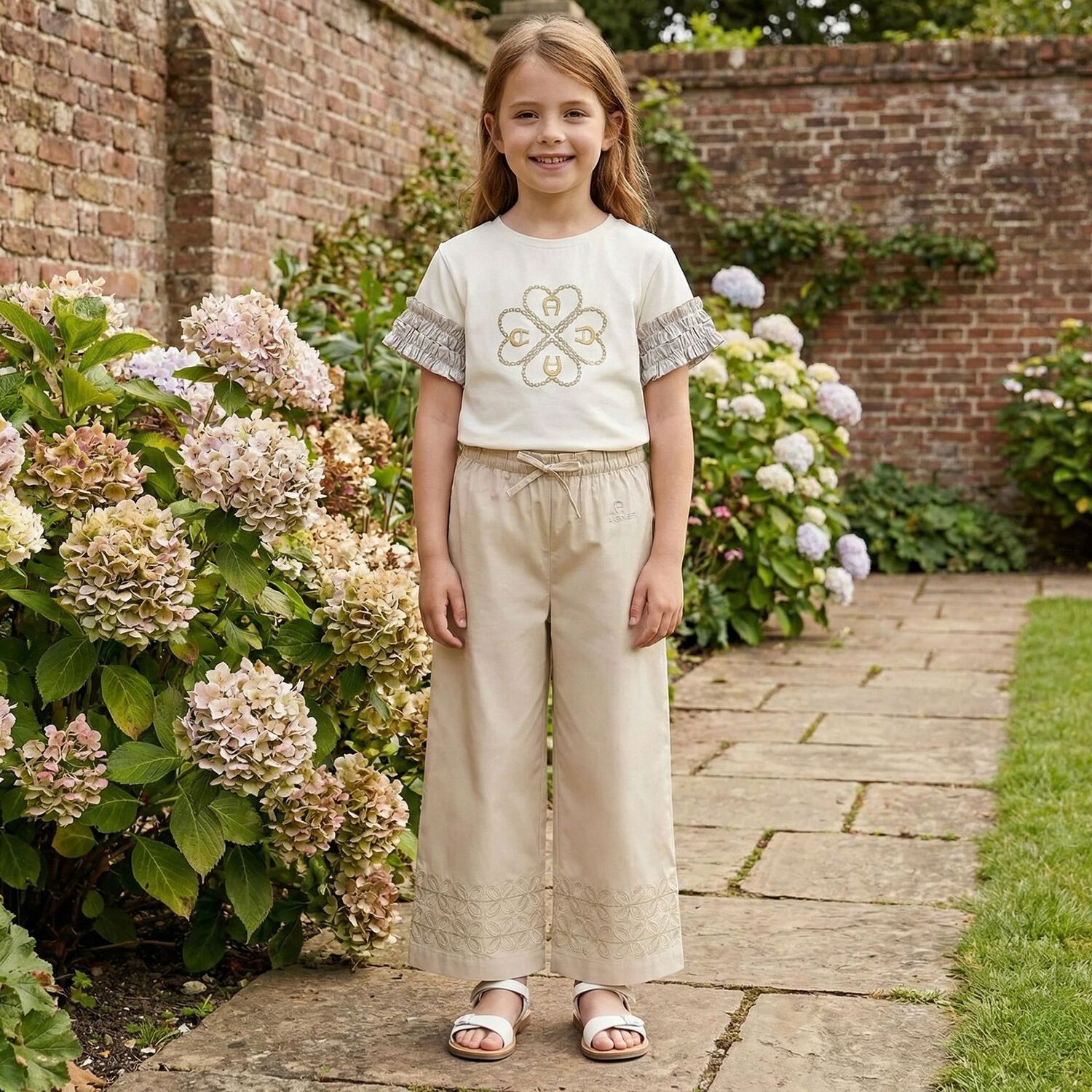 Girls Beige Logo Trousers, 1, hi-res