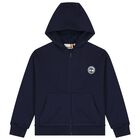 Boys Navy Blue Logo Hooded Zip Up Top, 2, hi-res