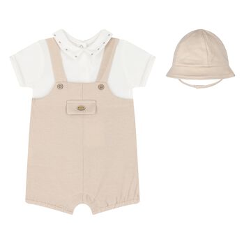 Baby Boys Beige & White Dungaree & Hat Set