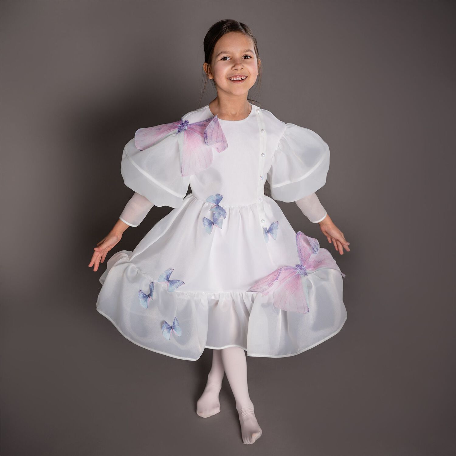 Girls White & Blue Butterfly Dress, 1, hi-res image number null