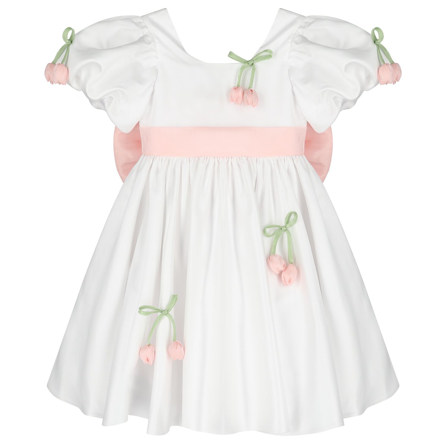 Girls White & Pink Floral Satin Dress, 1, hi-res