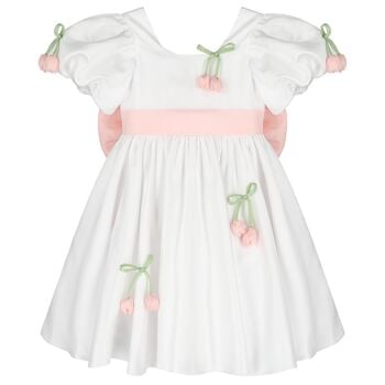 Girls White & Pink Floral Satin Dress