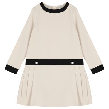 Girls Ivory & Black Pleated Dress