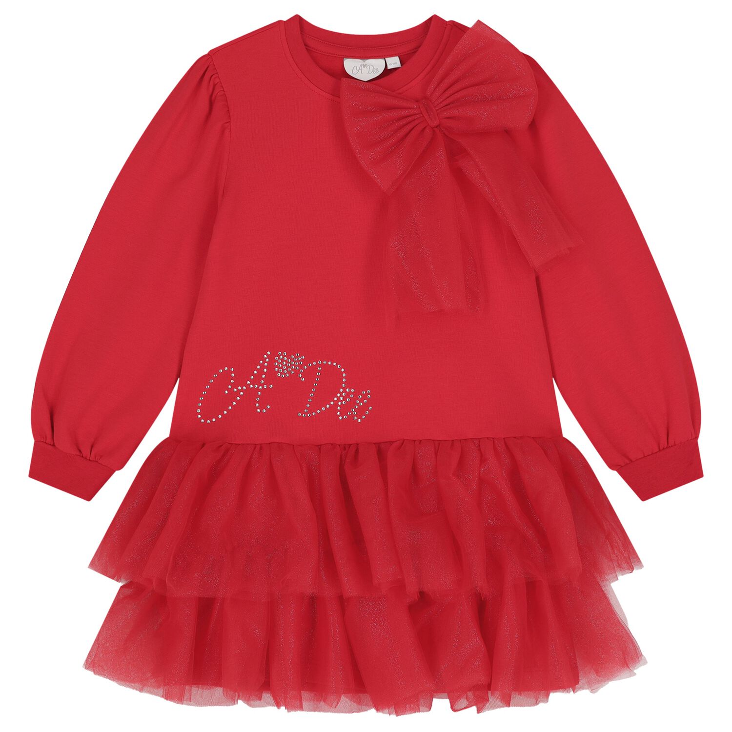 Girls Red Tulle Bow Dress, 1, hi-res