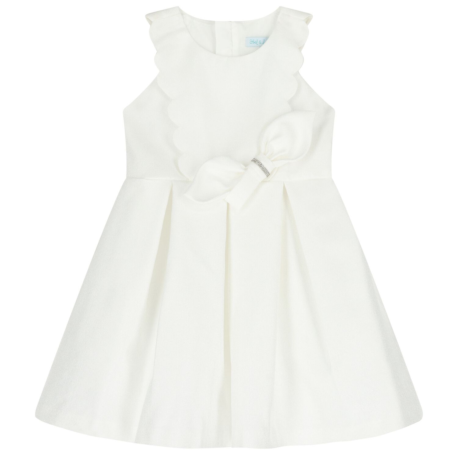 Girls White Scalloped Bow Dress, 1, hi-res