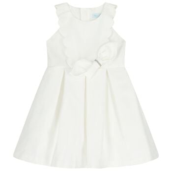 Girls White Scalloped Bow Dress