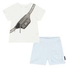 Younger Boys White & Blue Logo Shorts Set, 1, hi-res