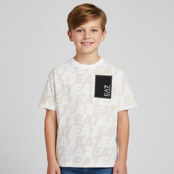 Boys White & Beige Logo T-Shirt