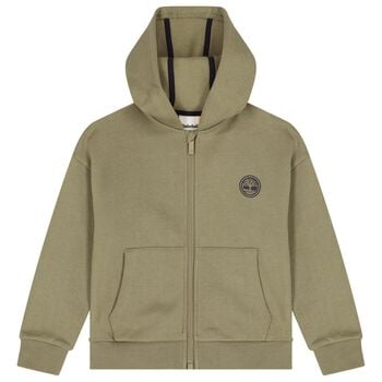 Boys Beige Logo Hooded Zip Up Top 