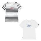 Younger Boys White & Ivory Striped Logo T-Shirts (2 Pack), 1, hi-res