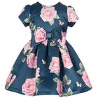 Girls Navy Rose Print Satin Dress, 1, hi-res