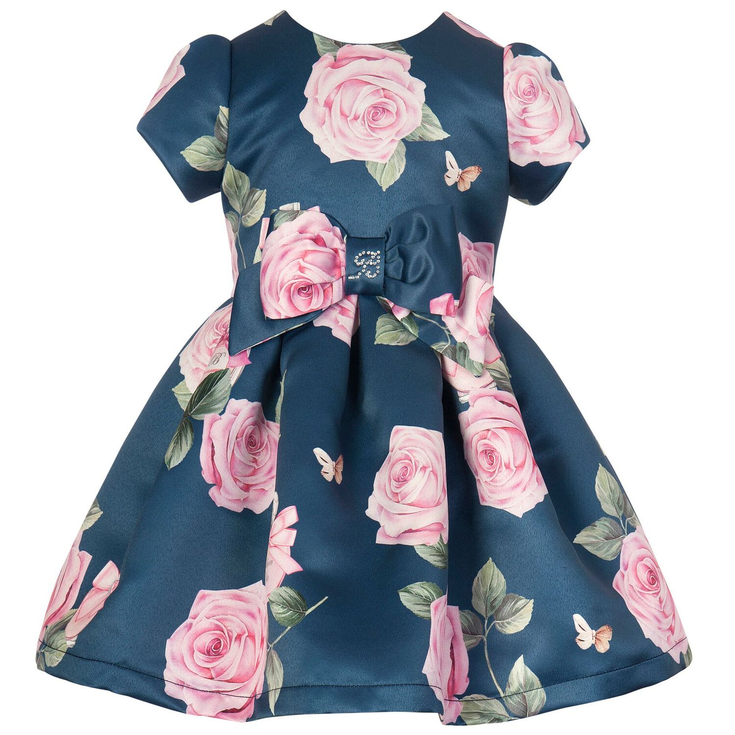 Girls Navy Rose Print Satin Dress, 1, hi-res