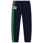 Boys Navy Blue Logo Web Striped Joggers, 1, hi-res