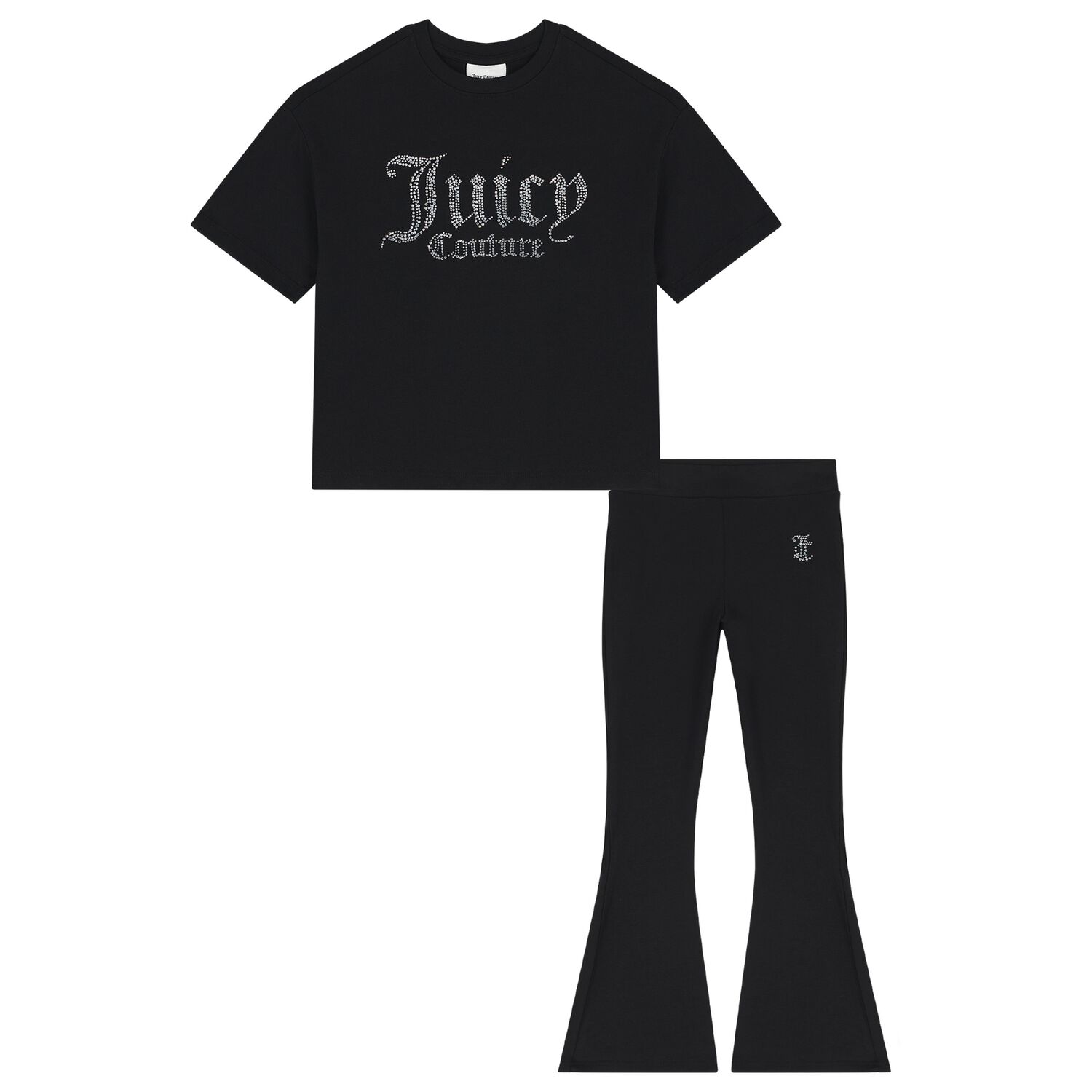 Girls Black Diamante Logo & Flared Leggings Set, 1, hi-res