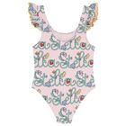 Girls Pink Logo Flowers Swimsuit, 1, hi-res