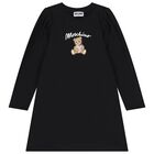 Girls Black Teddy Bear Logo Dress, 2, hi-res