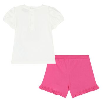 Younger Girls Ivory & Pink Teddy Bear Logo Shorts Set