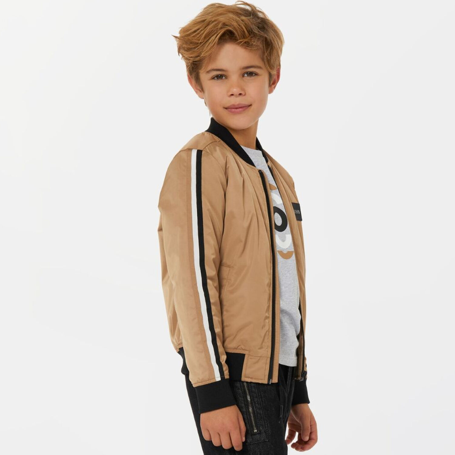Boys Beige Logo Bomber Jacket, 1, hi-res