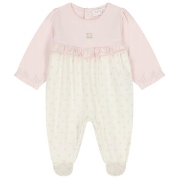 Baby Girls Ivory & Pink Logo Ruffled Babygrow