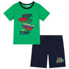 Boys Green & Navy Blue Dinosaur Shorts Set, 2, hi-res