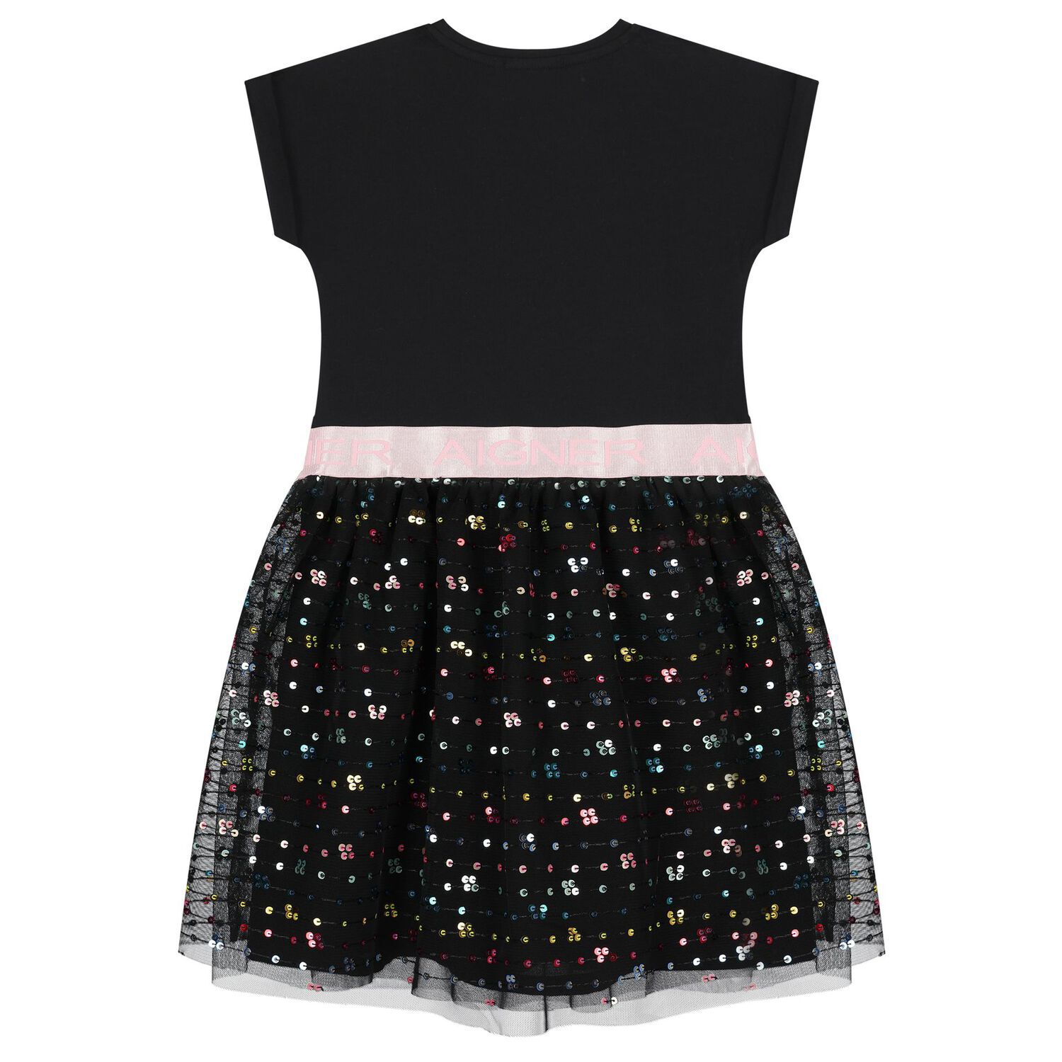 Girls Black Logo Sequin Dress, 2, hi-res image number null