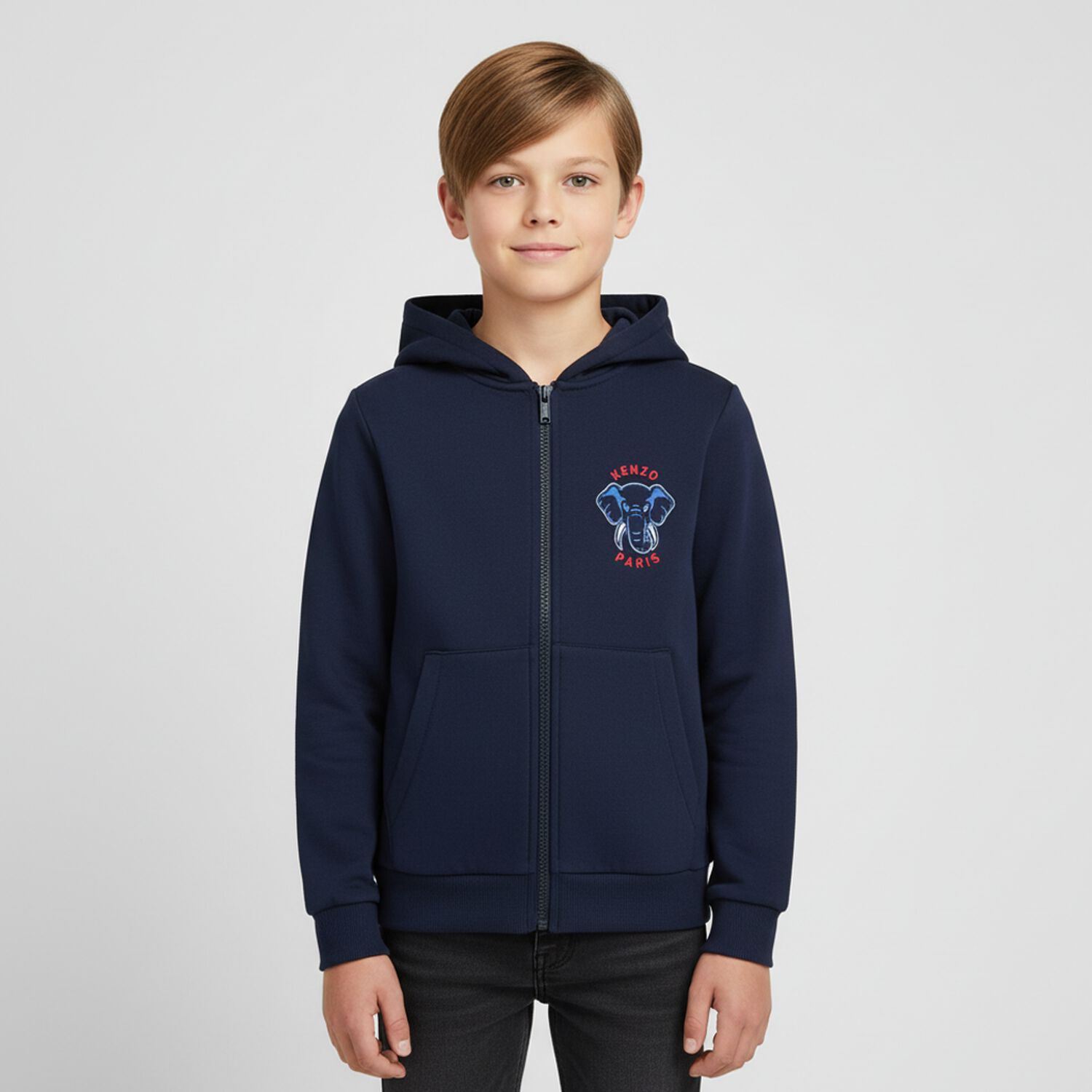 Boys Navy Blue Elephant Logo Hooded Zip Up Top, 1, hi-res