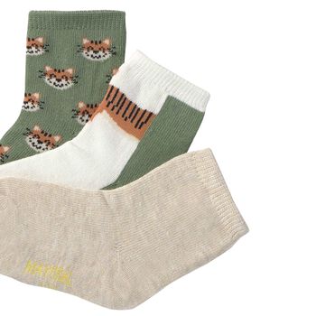 Baby Boys Green & Beige Cat Print Socks ( 3-Pack )