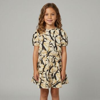 Girls Beige & Black Puffed Sleeve Top