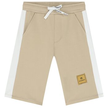 Boys Beige & White Logo Shorts