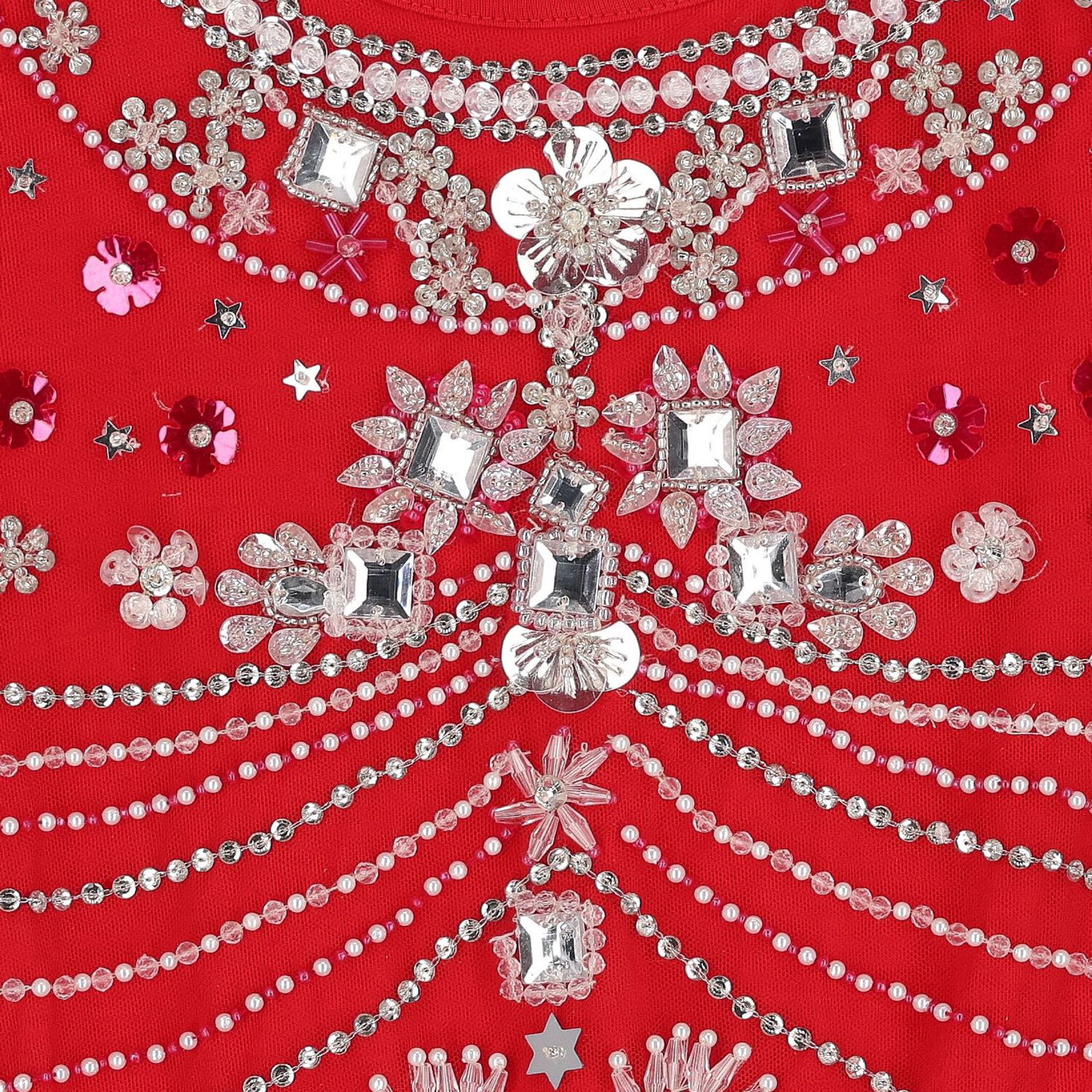 Girls Red Embellished Ruffled Tulle Dress , 1, hi-res