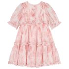 Girls Pink Ruffled Floral Chiffon Dress, 1, hi-res