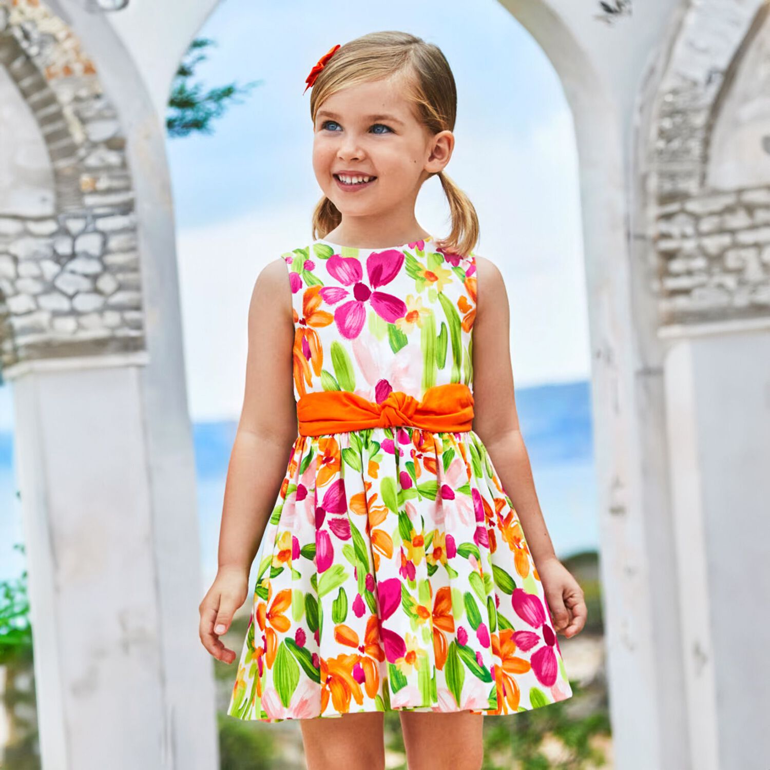 Girls Green, Orange & Pink Floral Satin Dress, 1, hi-res