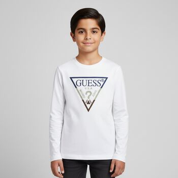 Boys White Logo Long Sleeve Top, 1 Boys White Logo Long Sleeve Top