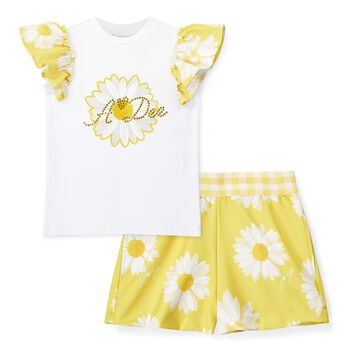 Girls White & Yellow Daisy Shorts Set
