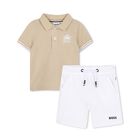  Younger Boys Beige & White Logo Shorts Set, 1, hi-res