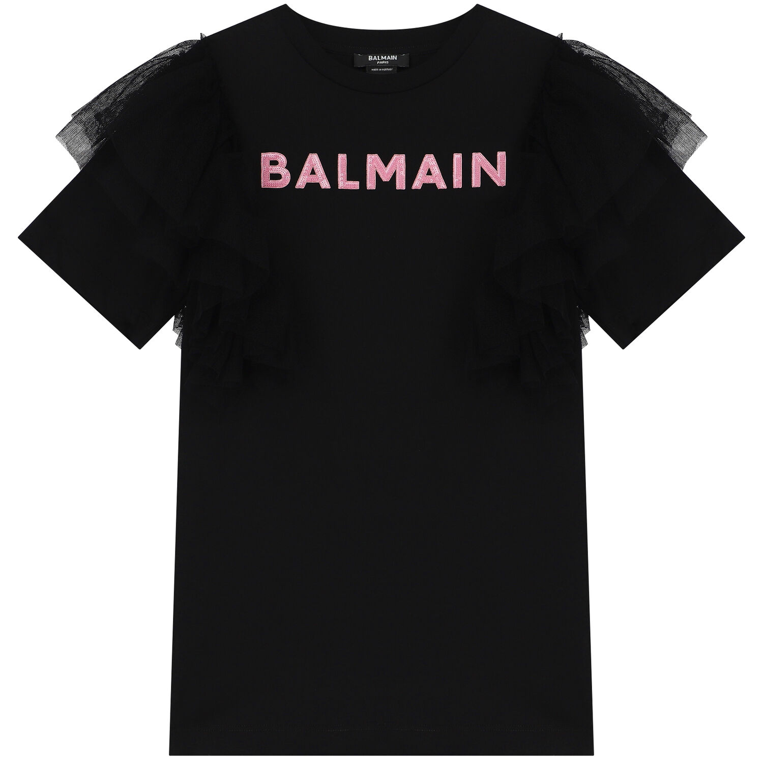 Girls Black Logo Ruffled Dress, 1, hi-res image number null