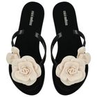 Girls Black & Beige Logo Flower Flip Flops, 2, hi-res