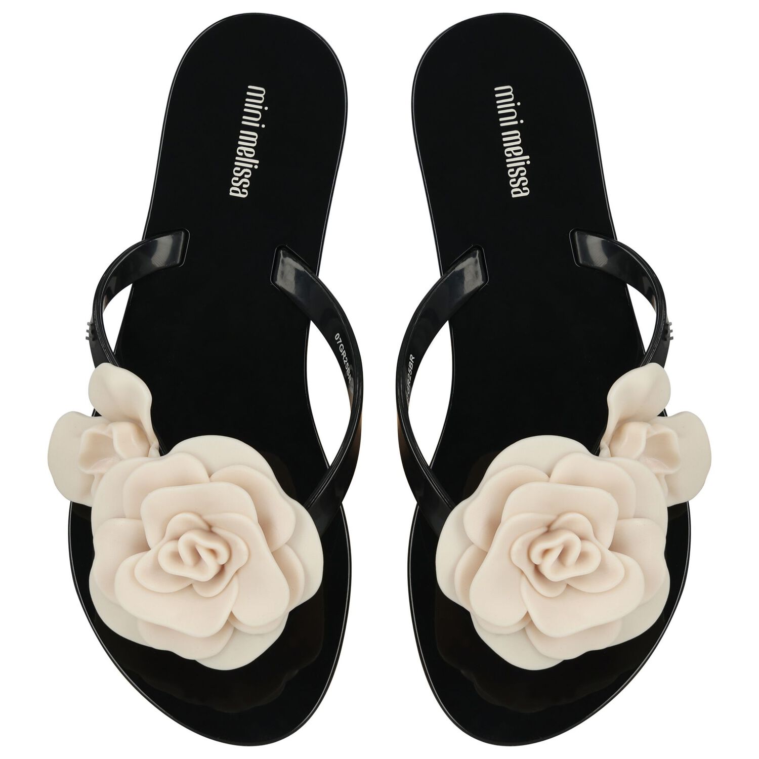 Girls Black & Beige Logo Flower Flip Flops, 2, hi-res