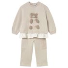 Younger Girls Beige Teddy Bear Tracksuit, 3, hi-res