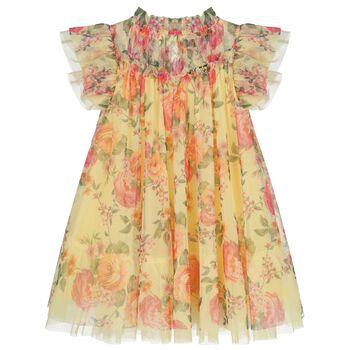 Girls Yellow & Pink Floral Tulle Dress