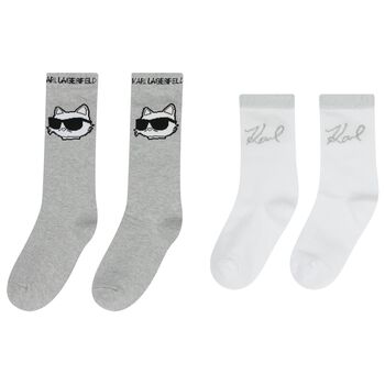 Girls Grey & White Choupette & Logo Socks ( 2 Pack )