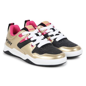 Girls Gold, Pink & Black Logo Trainers